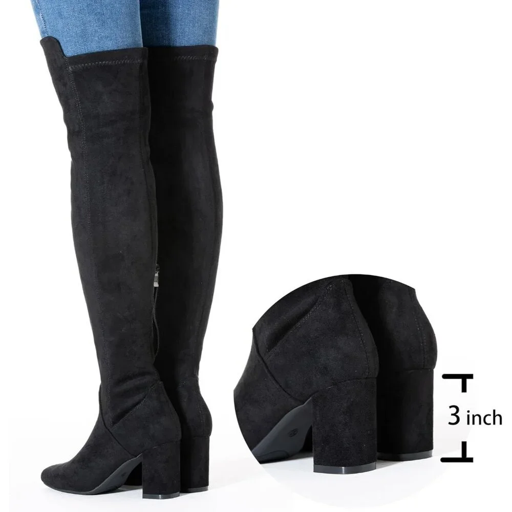 Women Black\3inch Suede Over the Knee Thigh High Chunky Block Heel Winter Boots